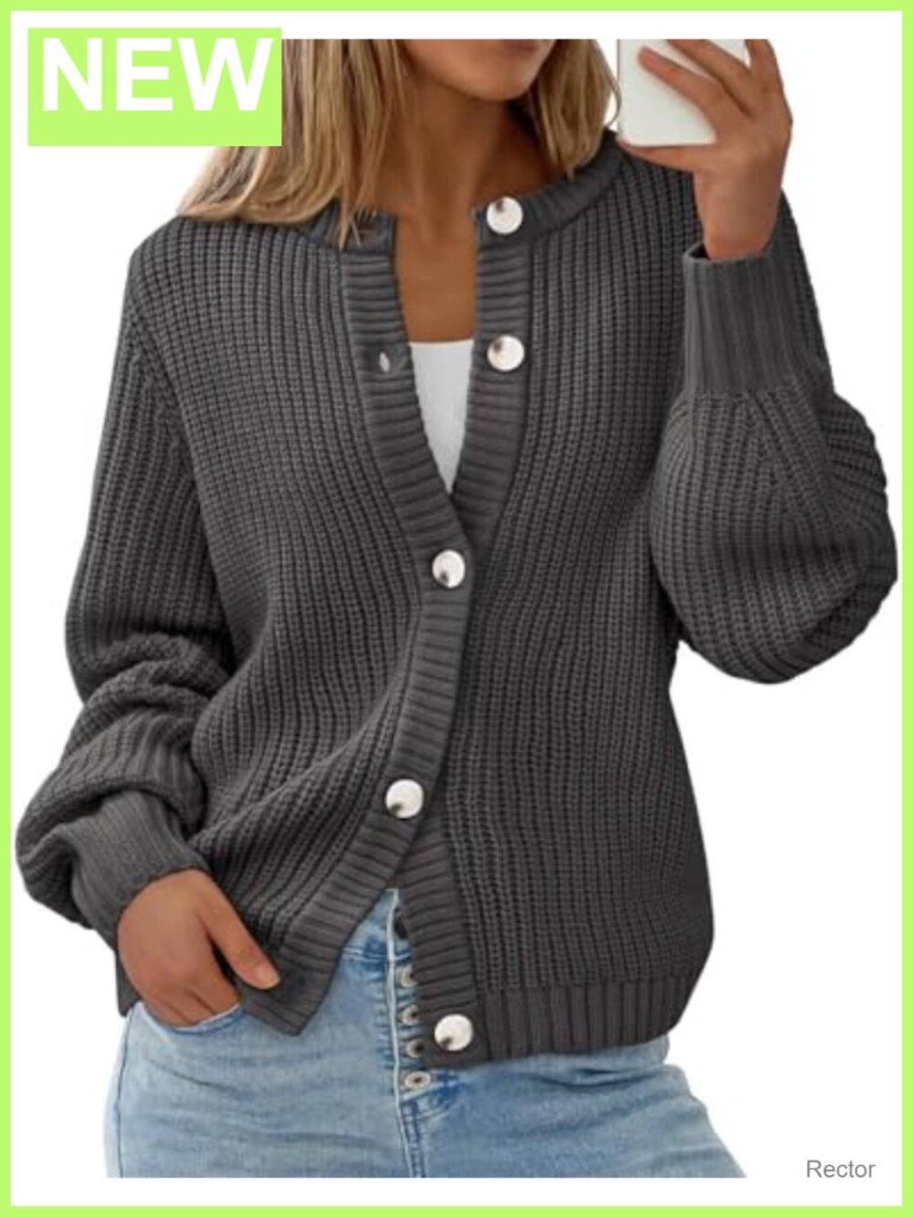 Chunky Knit Button Up Cardigan Sweater Crewneck Long Sleeve